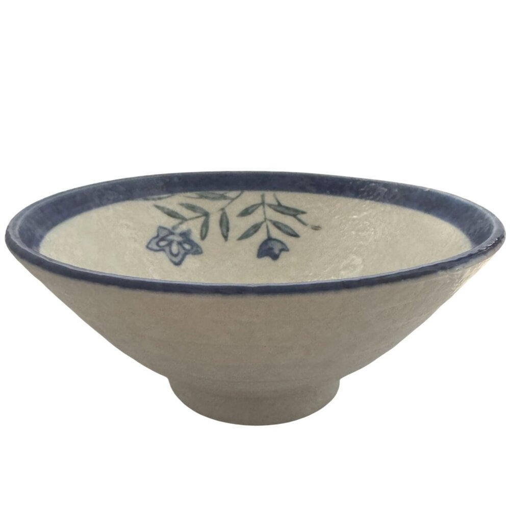Blue Floral Ceramic Footed White Rice Bowl Matcha Chawan Tea Ceremonial Vessel